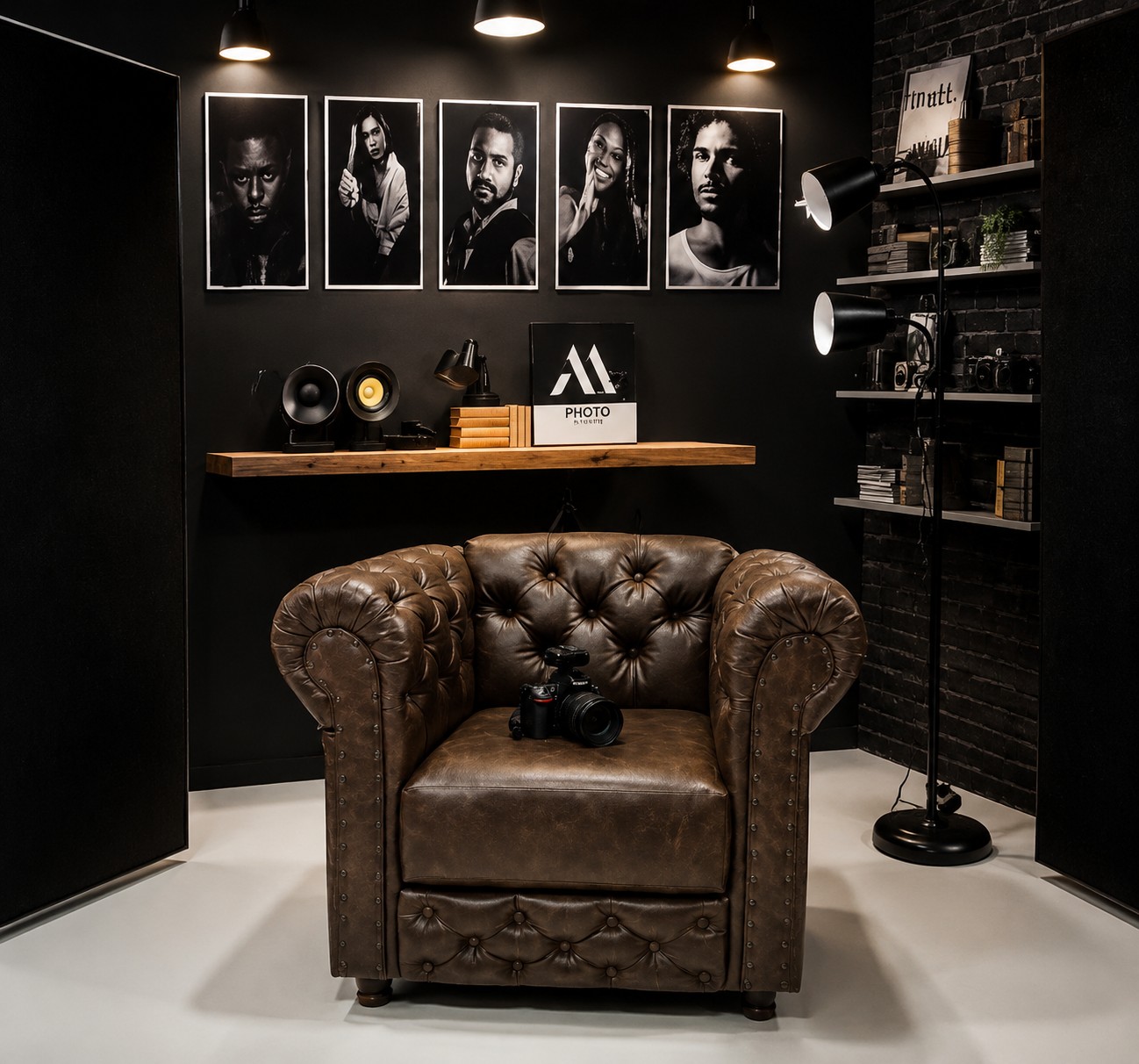 Sala de estar do estúdio com poltrona Chesterfield e galeria de retratos